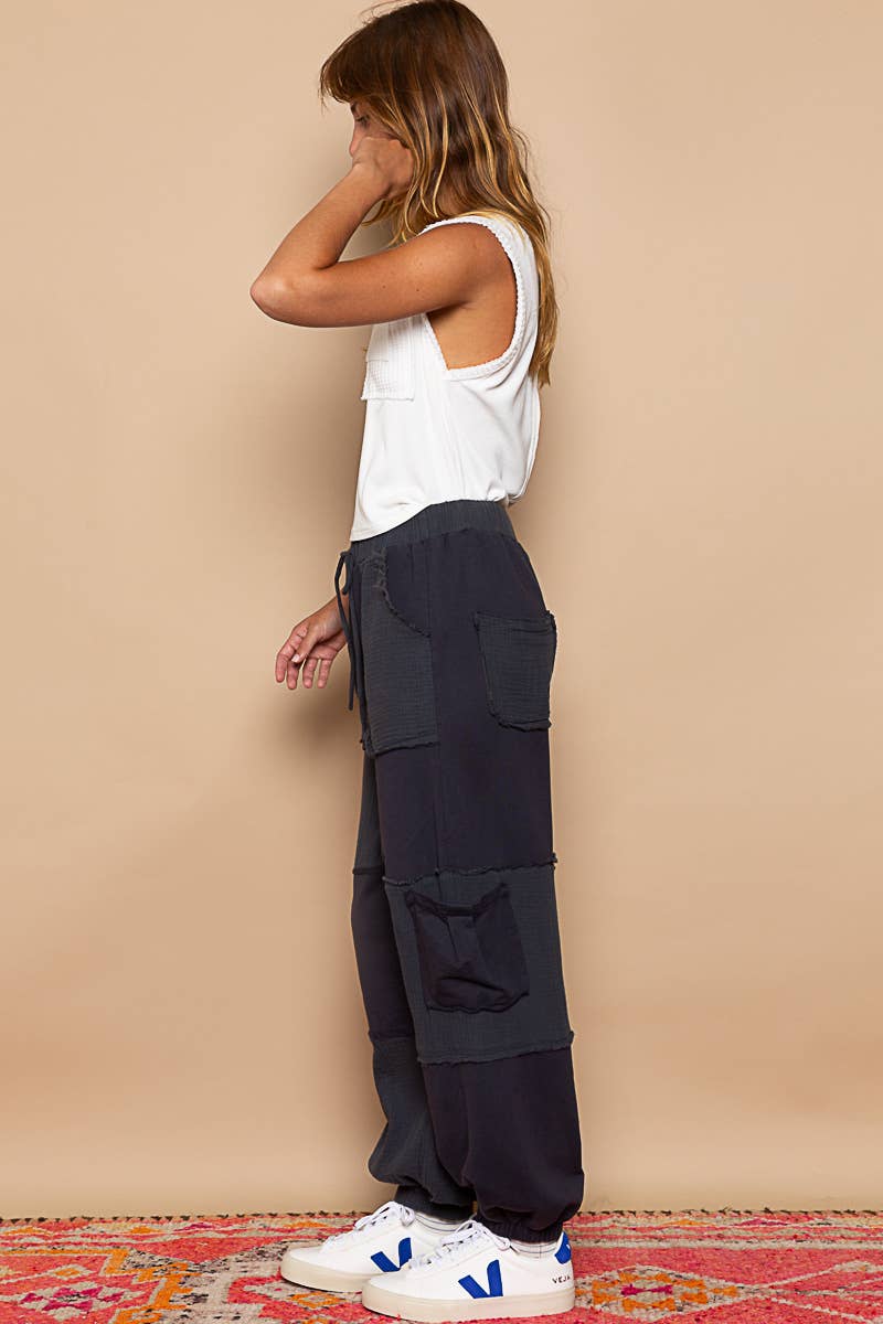 Contrast gauze open cargo pockets elastic waist joggers