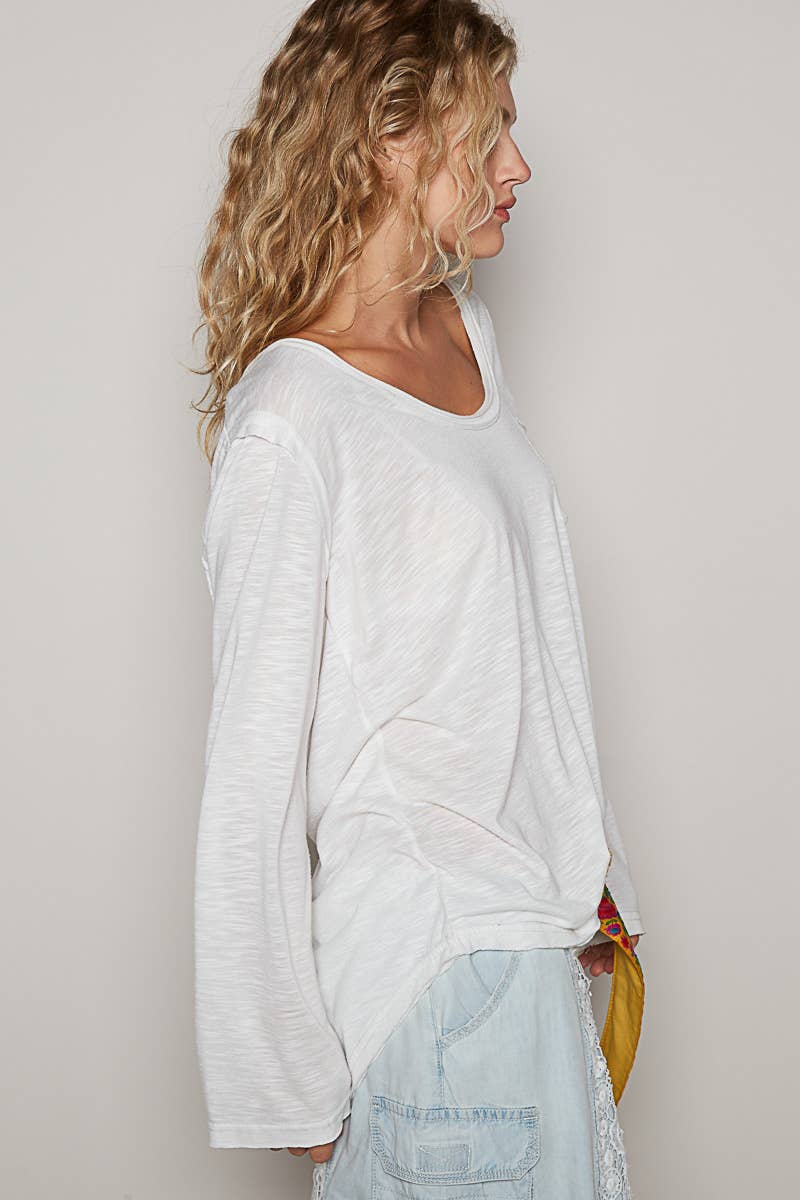Pocket front long sleeve boat neck slub knit tee SALE