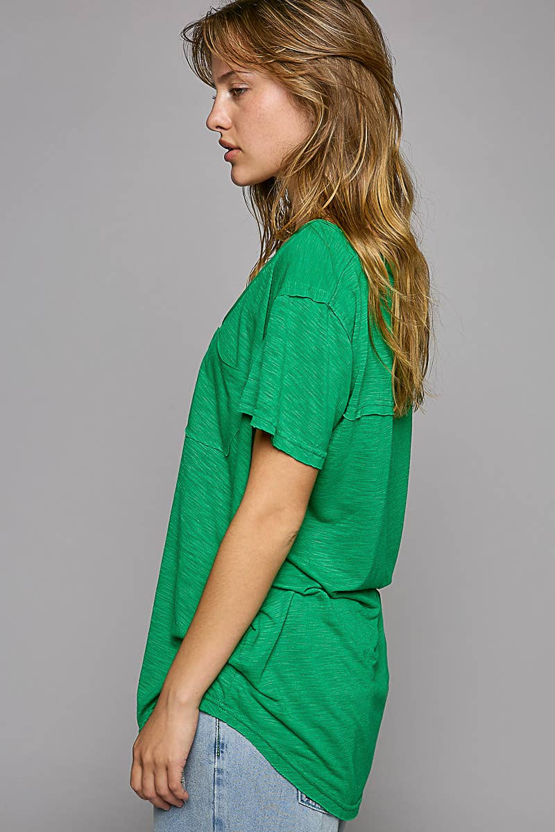 POL Scoop Neck Rayon Slub Tee with Pocket Front and Short Sleeve