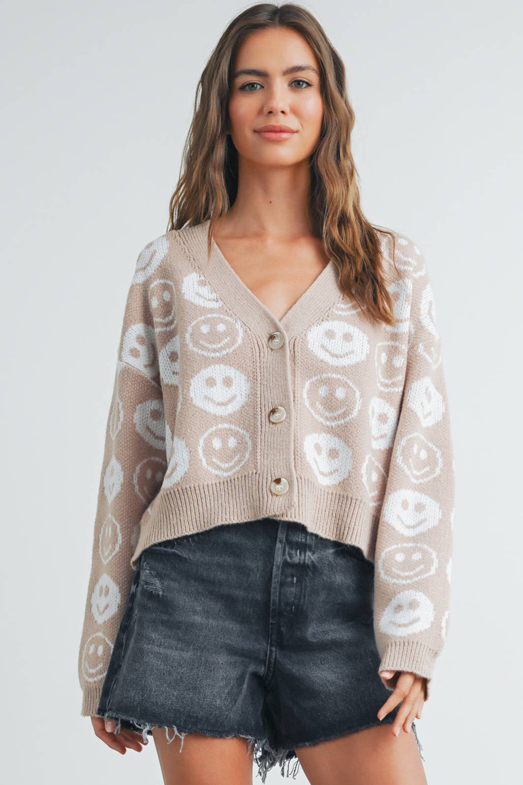 BMW7418 - SMILEY FACE RIBBED TRIM V-NECK CARDIGAN Blue