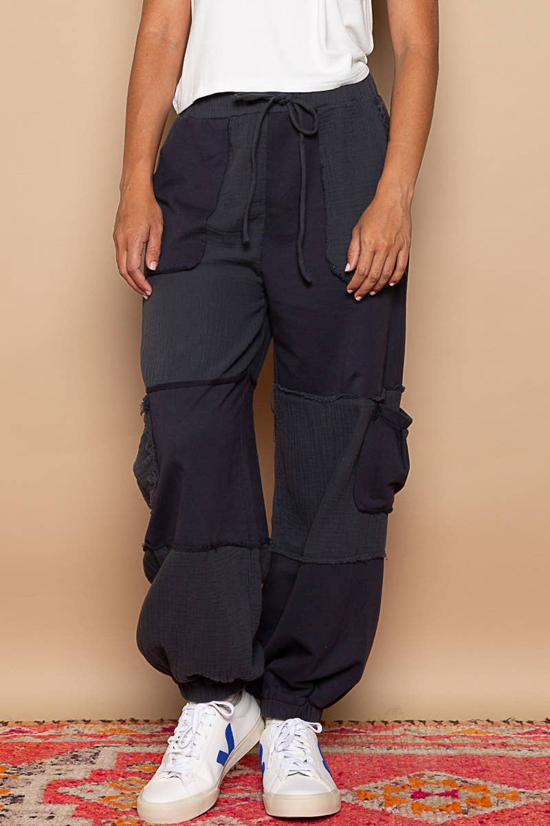 Contrast gauze open cargo pockets elastic waist joggers