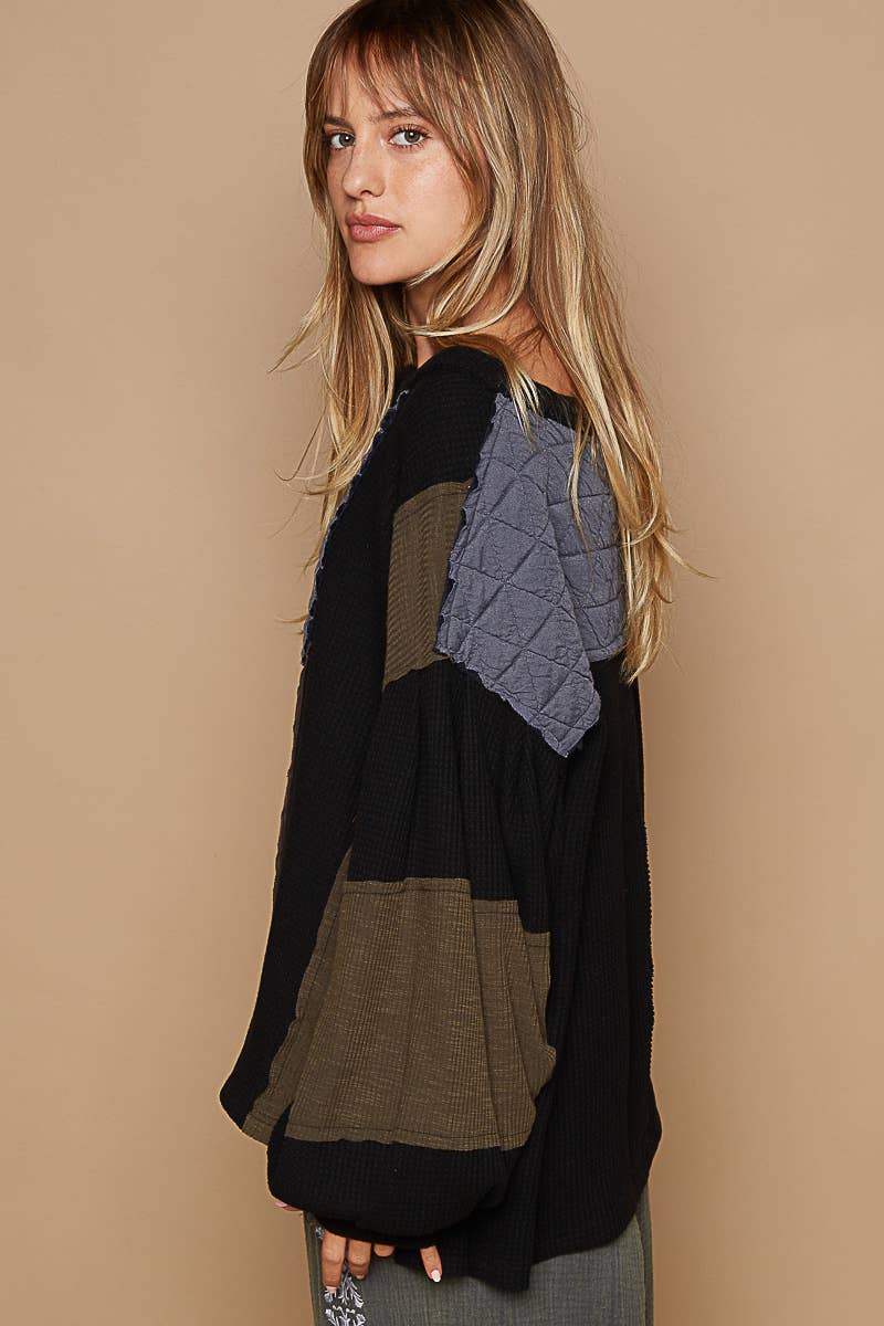 Round Neck Balloon Sleeve Thermal Contrast Knit Top