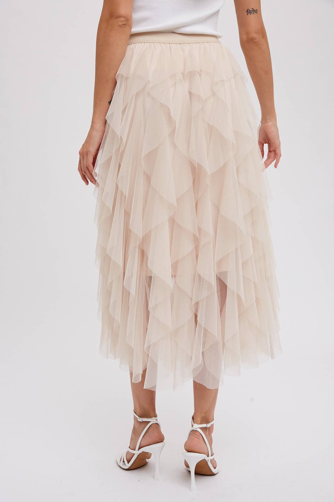 BluIvy SPIRIAL RUFFLED TULLE MIDI SKIRT