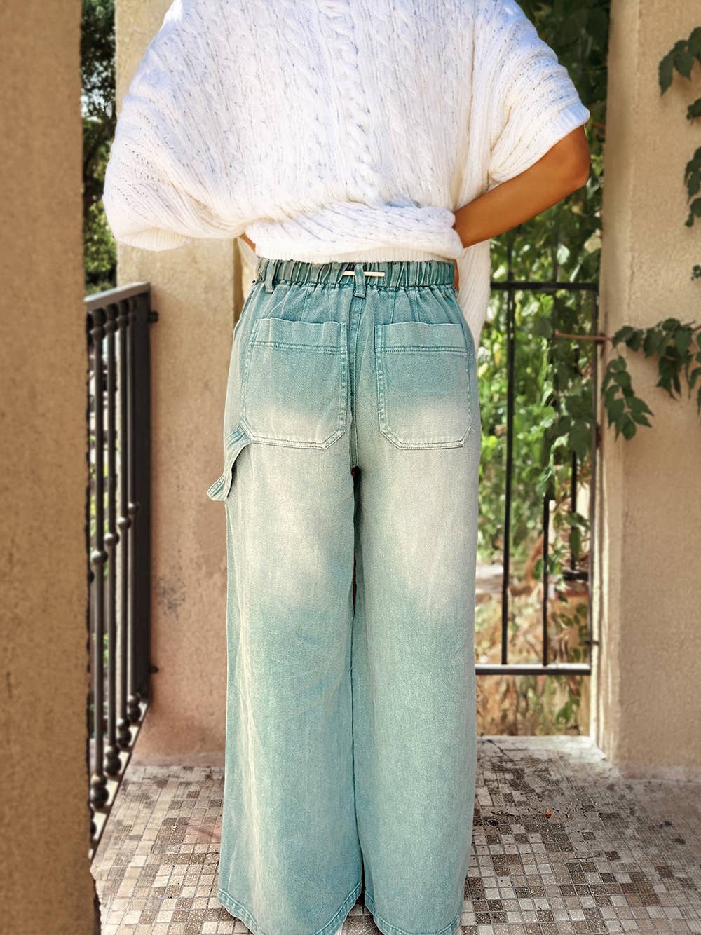 Mineral Wash Drawstring High Waist Wide Leg Jeans