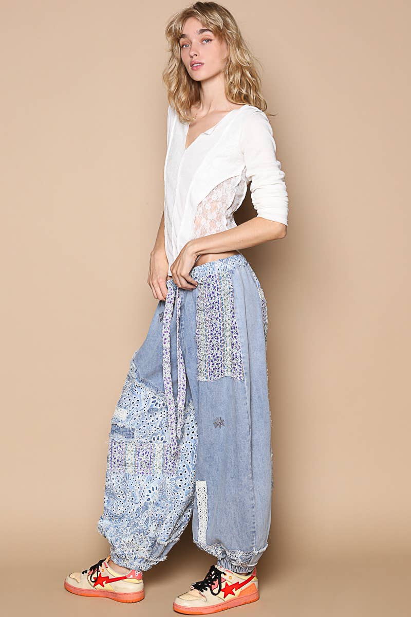 POL Floral print patchwork twill joger pants