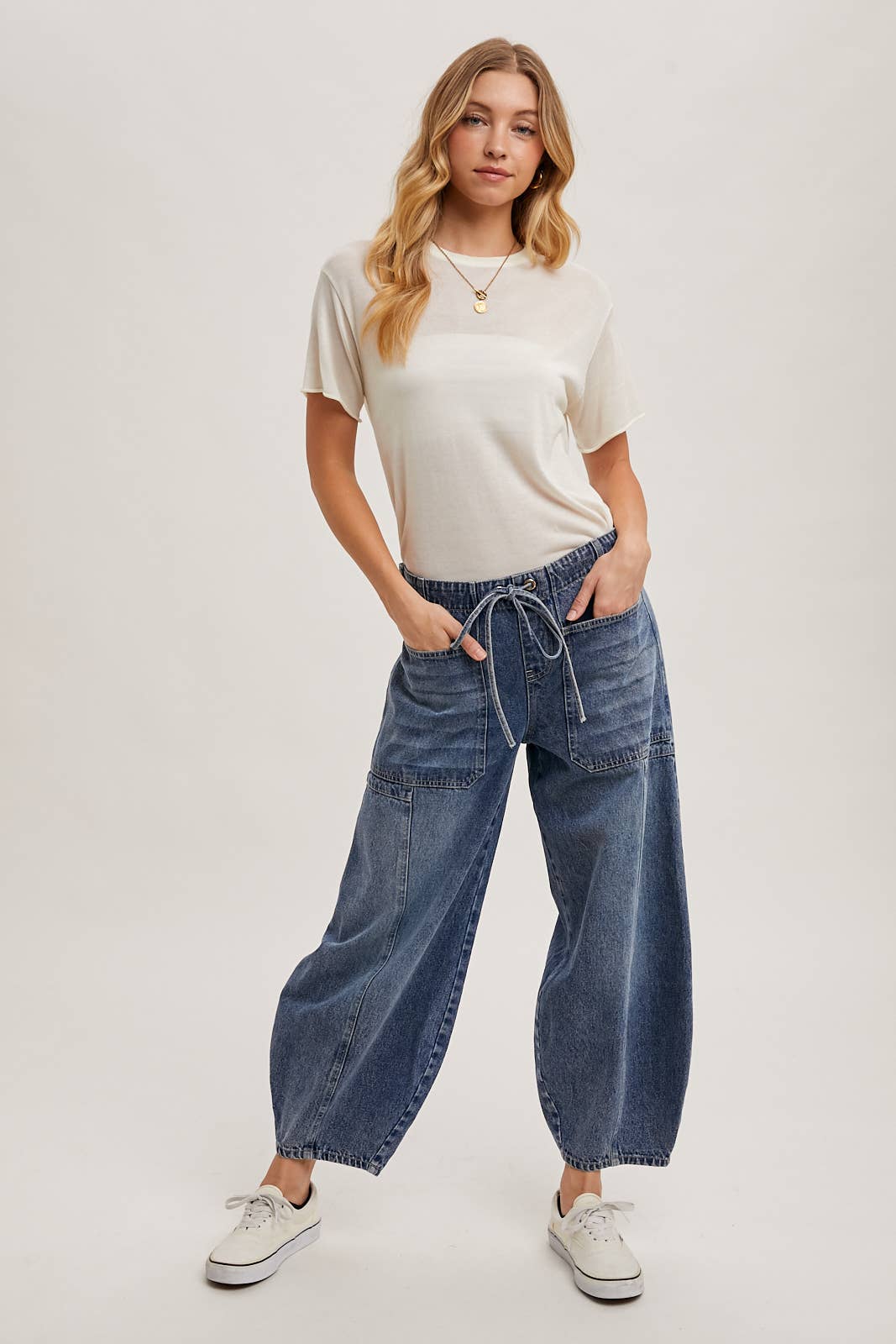 Bluivy DENIM MID-WAIST DRAWSTRINGS BARREL JEANS