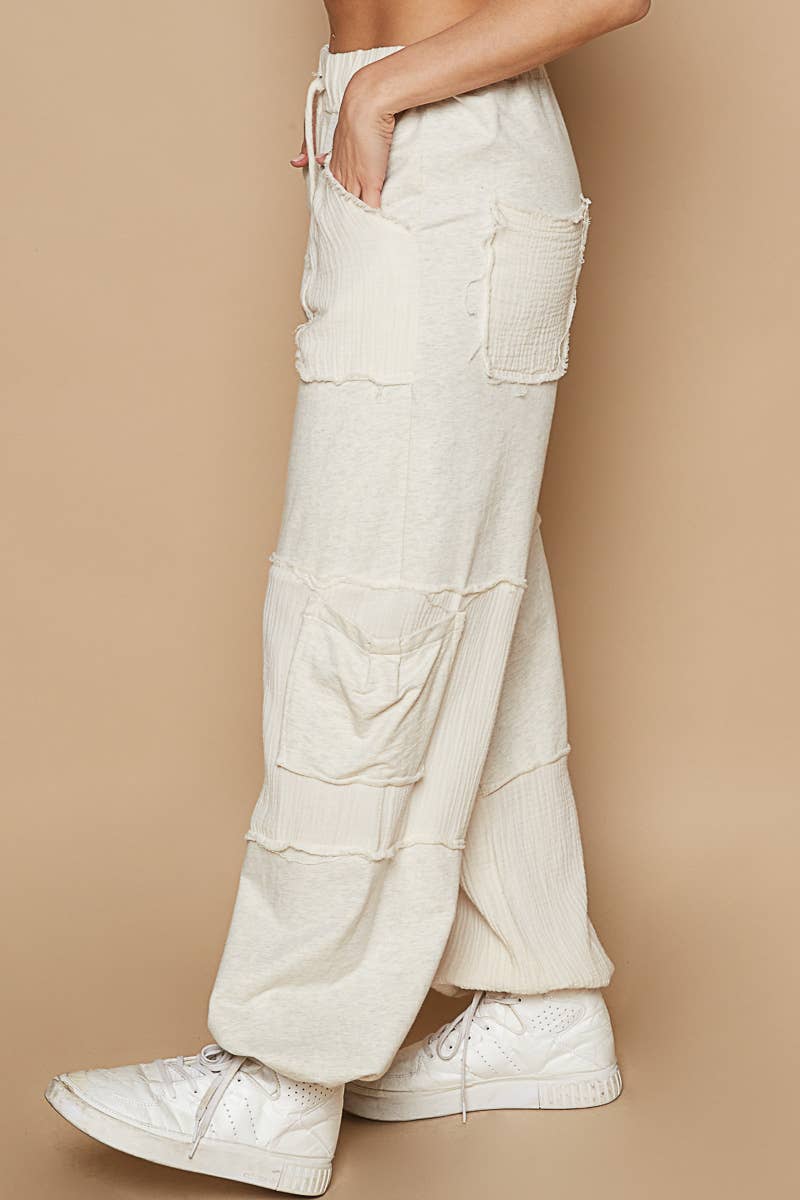 Contrast gauze open cargo pockets elastic waist joggers