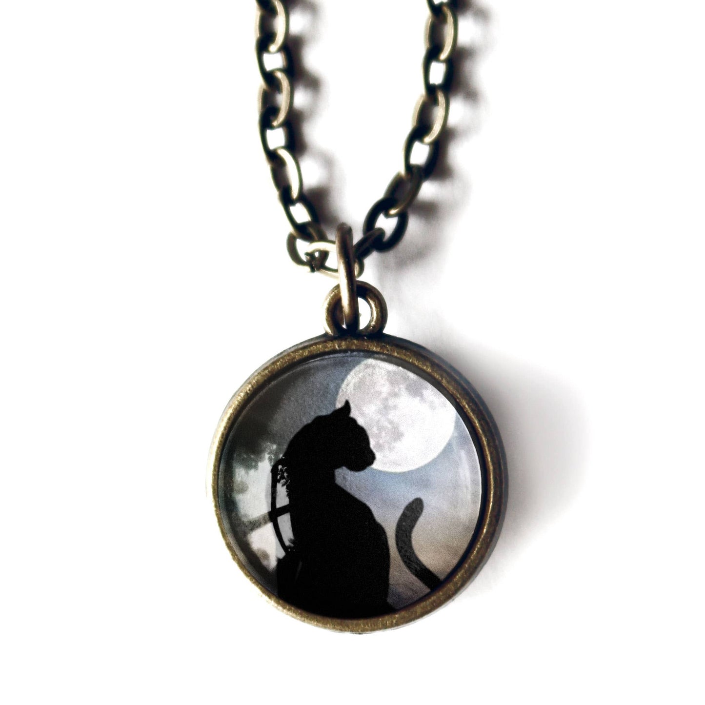 Black Cat and Full Moon Simple Reversible Pendant Necklace