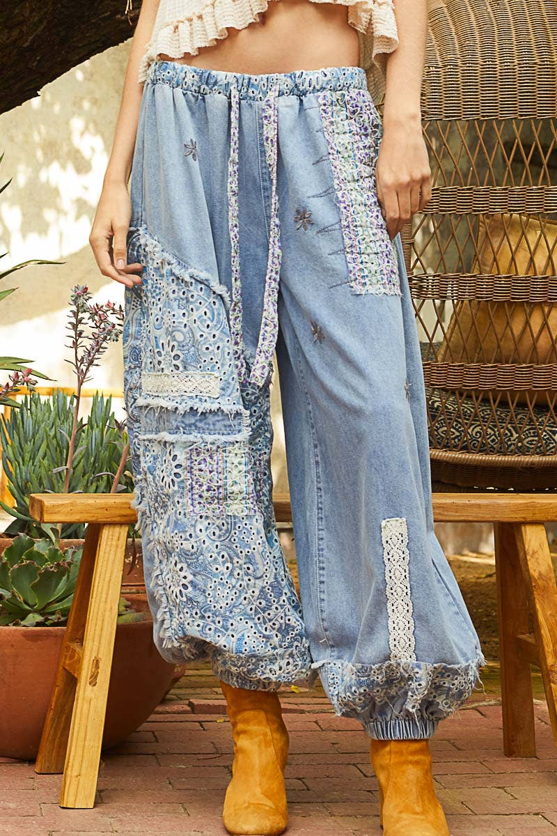 POL Floral print patchwork twill joger pants