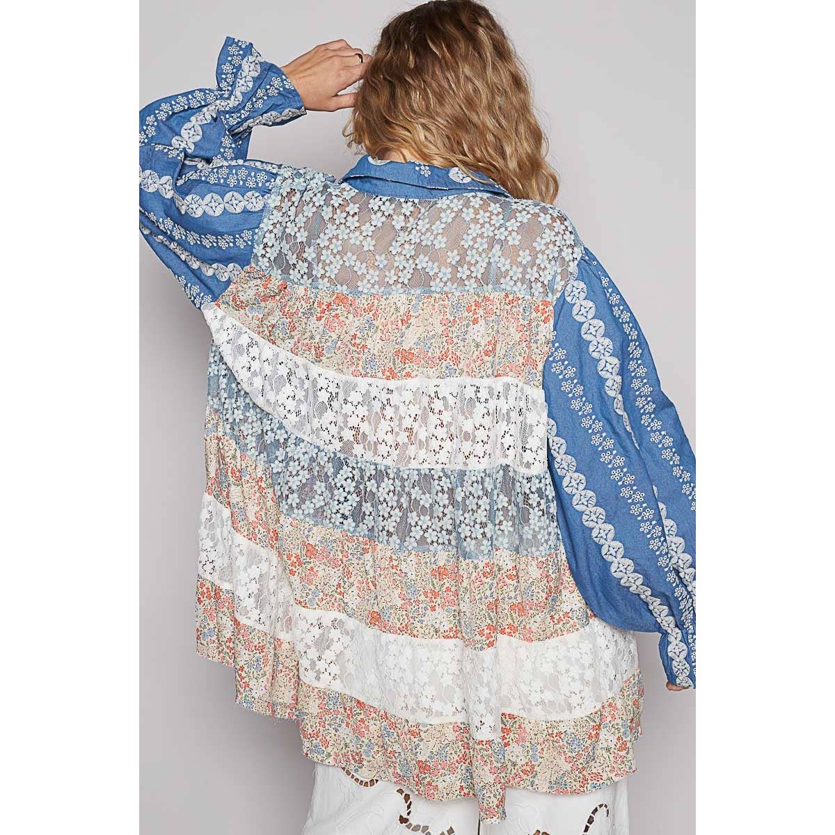 POL Balloon sleeve floral print lace patch shirt dress