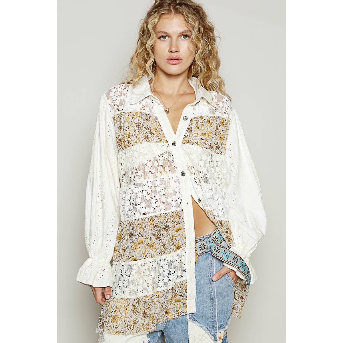 POL Balloon sleeve floral print lace patch shirt dress