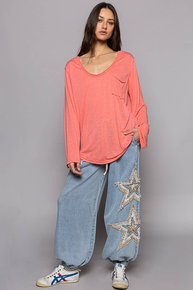 Pocket front long sleeve boat neck slub knit tee SALE
