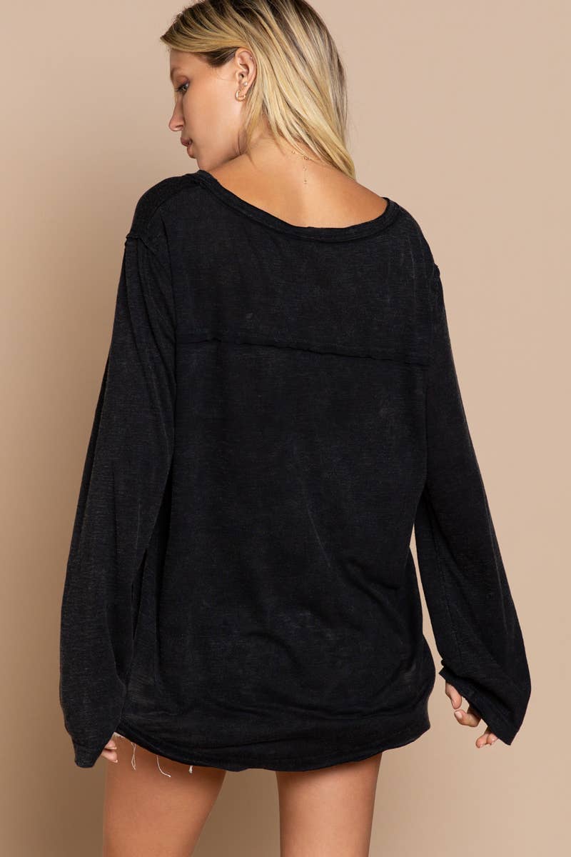 Pocket front long sleeve boat neck slub knit tee SALE