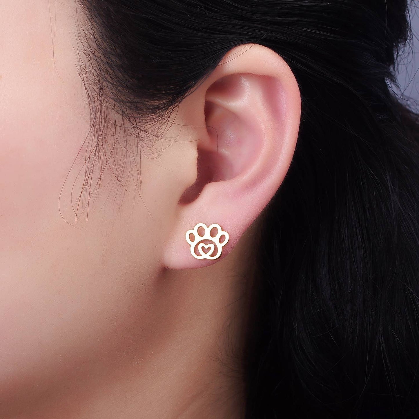 Stainless Steel Heart Animal Paw Print Stud Earrings