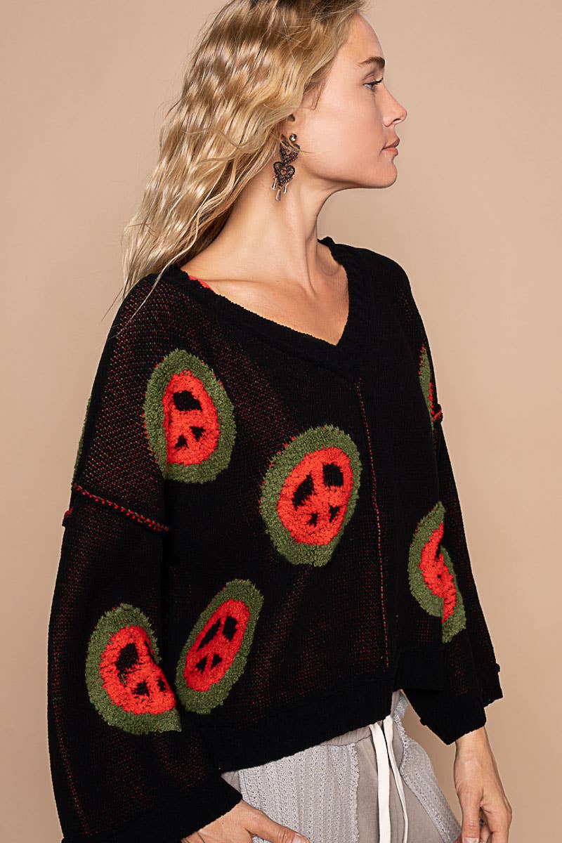 V neck long sleeve peace berber print sweater