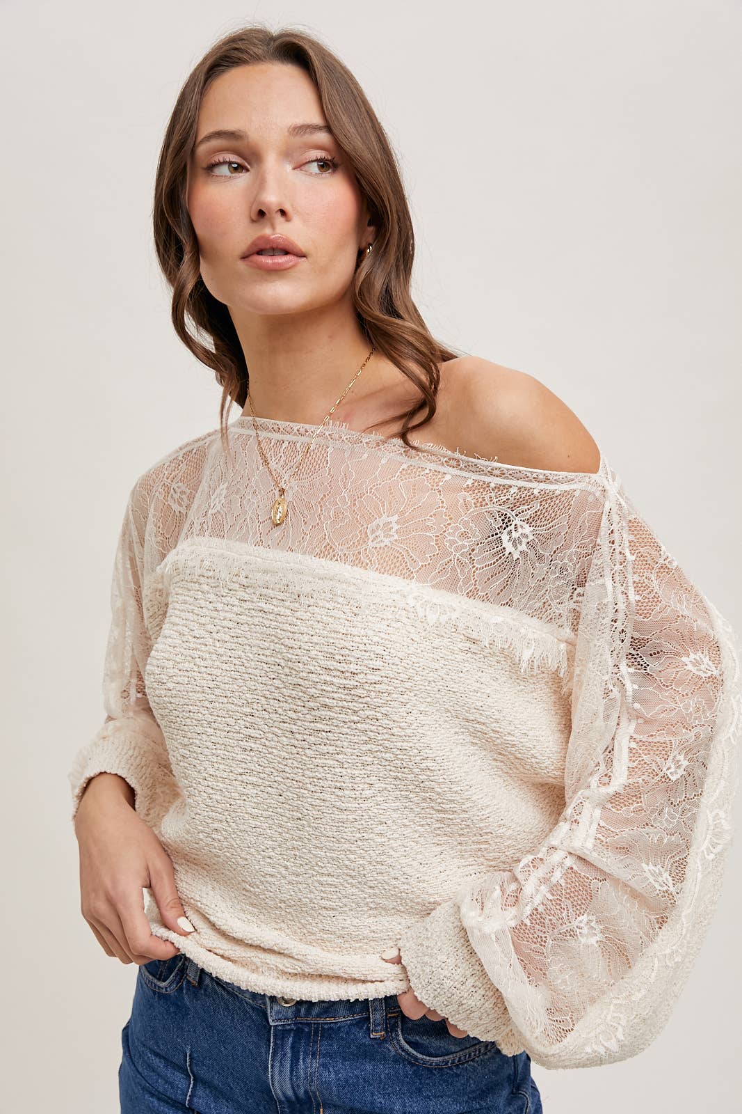 BOAT NECK LACE TRIMMED KNIT SWEATER