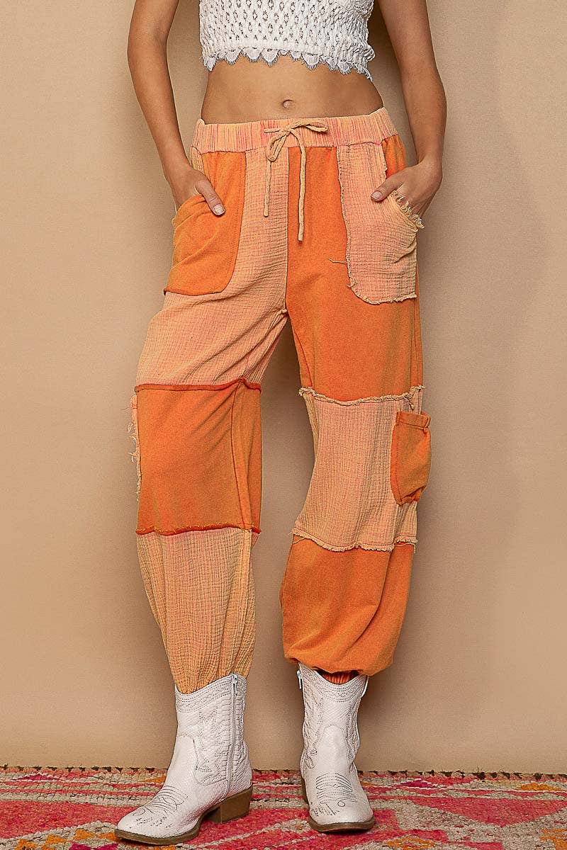 Contrast gauze open cargo pockets elastic waist joggers
