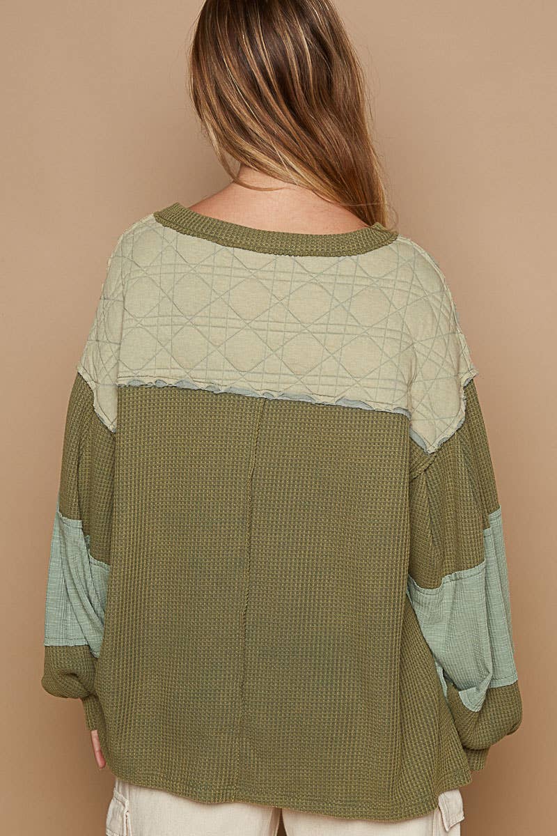 Round Neck Balloon Sleeve Thermal Contrast Knit Top