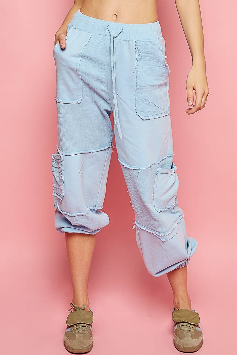 Contrast gauze open cargo pockets elastic waist joggers