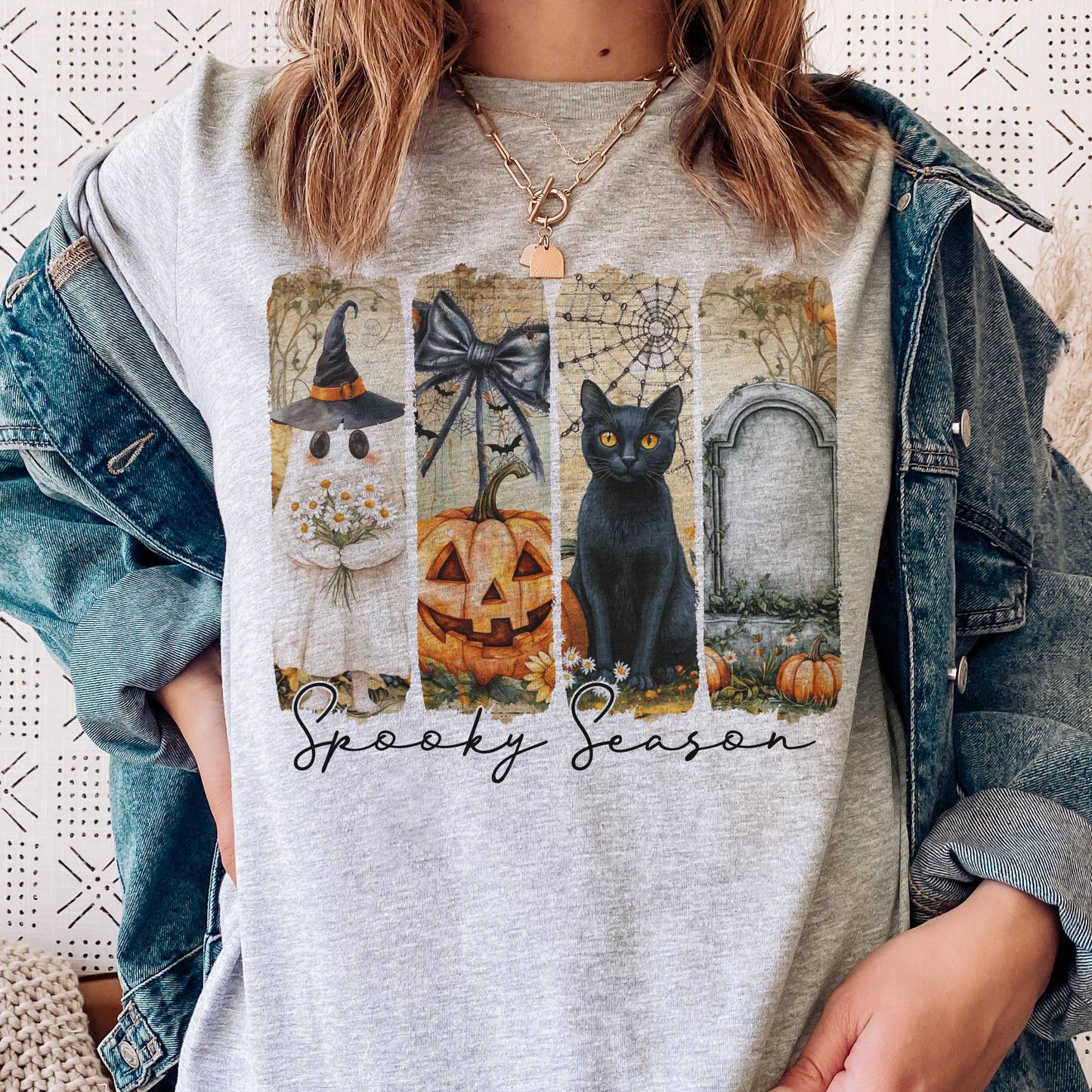 Halloween Spooky Season Black Cat Pumpkin Panel Graphic Tee