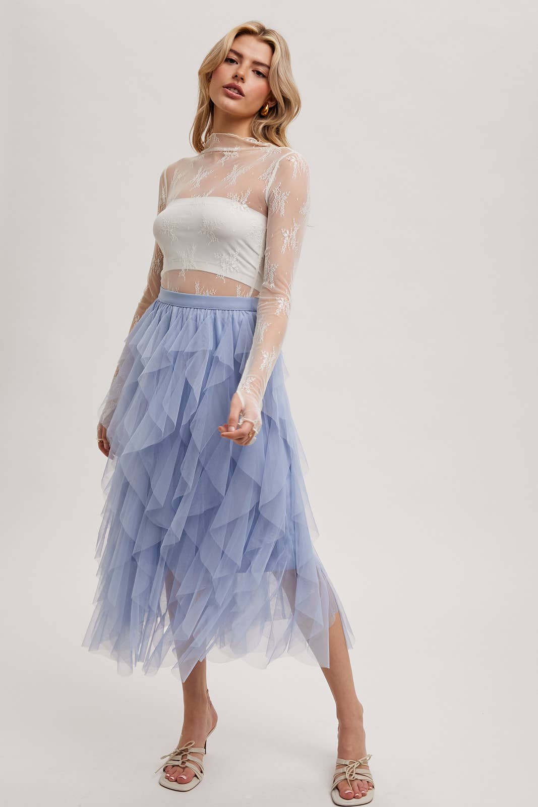 BluIvy SPIRIAL RUFFLED TULLE MIDI SKIRT