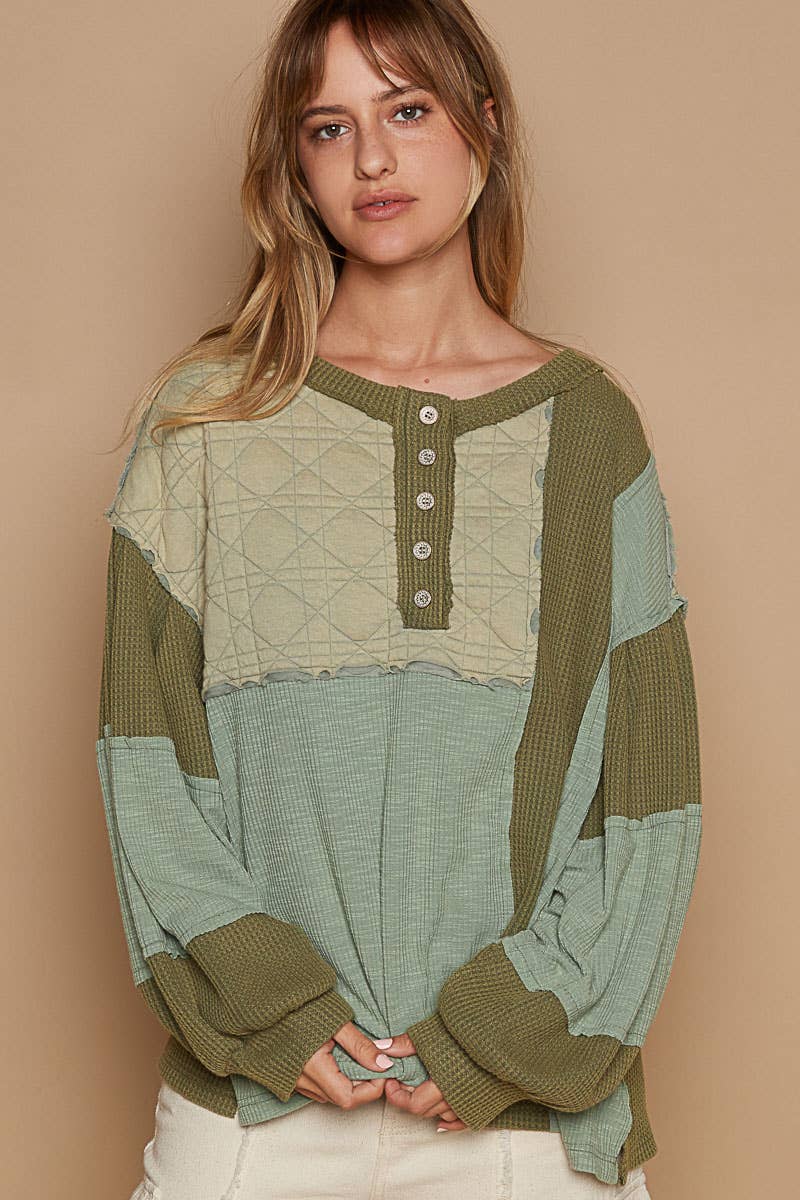 Round Neck Balloon Sleeve Thermal Contrast Knit Top