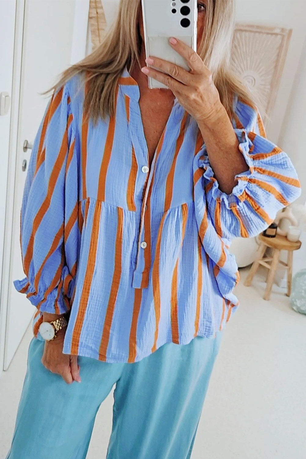 Sky Blue Stripe Crinkled Ruffled Sleeve Button Up Loose Shirt