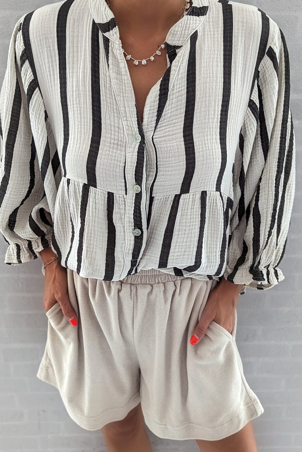 Sky Blue Stripe Crinkled Ruffled Sleeve Button Up Loose Shirt