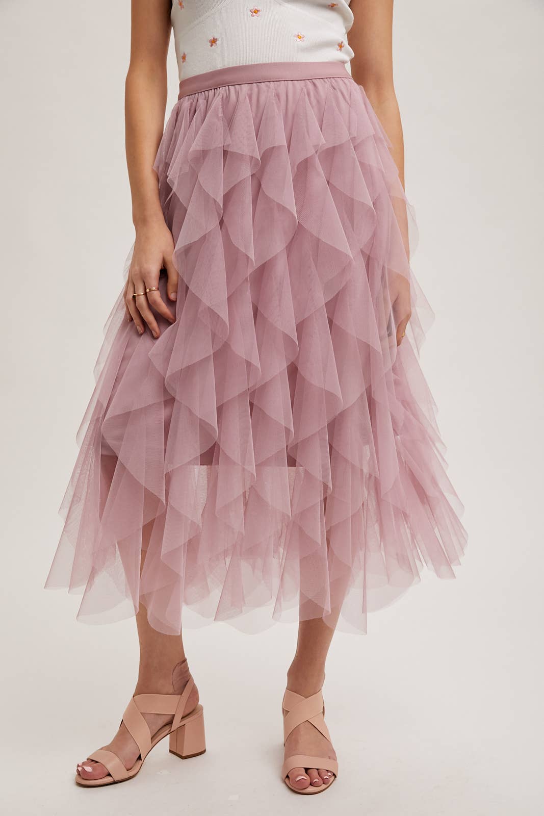 BluIvy SPIRIAL RUFFLED TULLE MIDI SKIRT