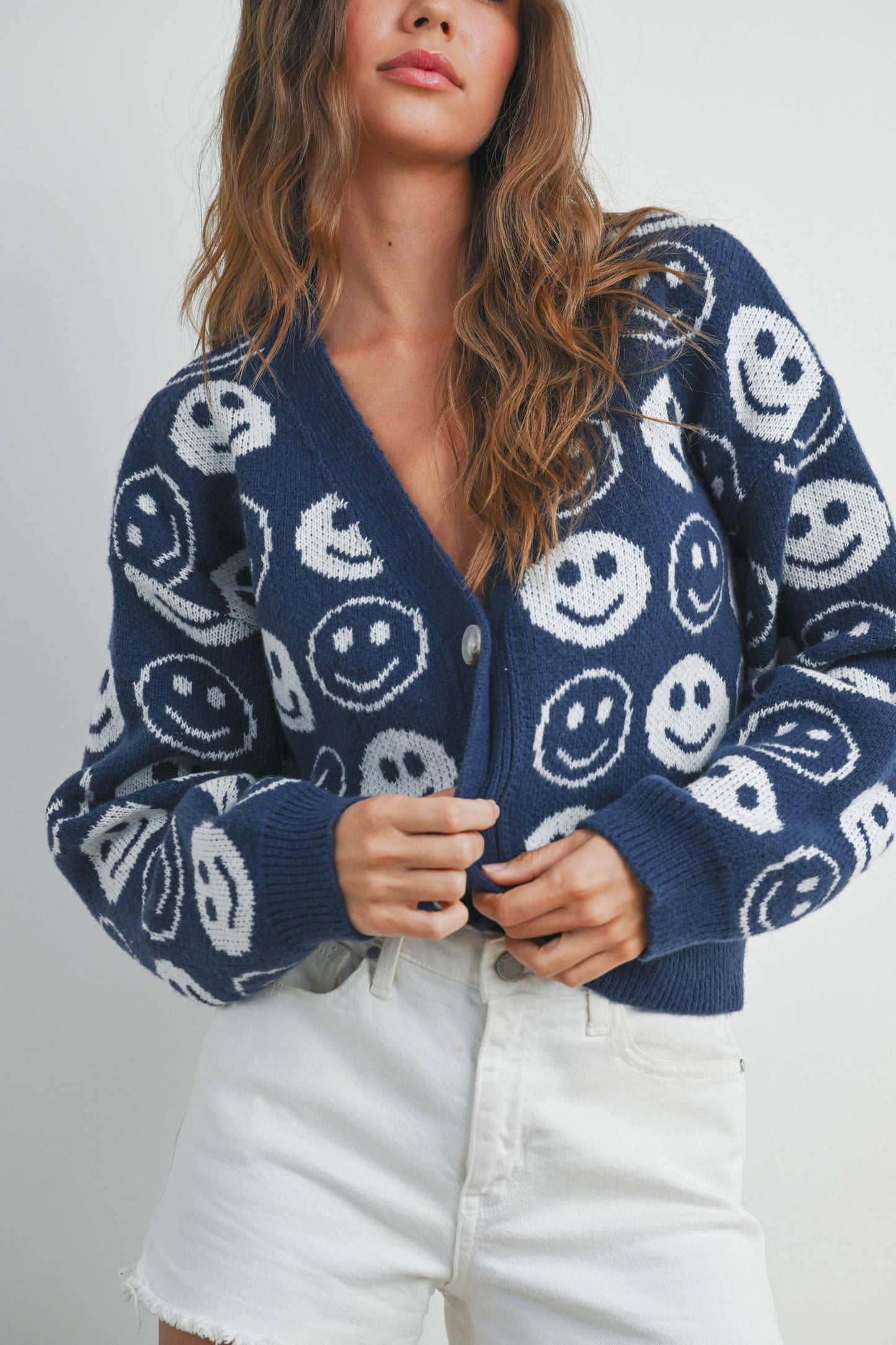 BMW7418 - SMILEY FACE RIBBED TRIM V-NECK CARDIGAN Blue