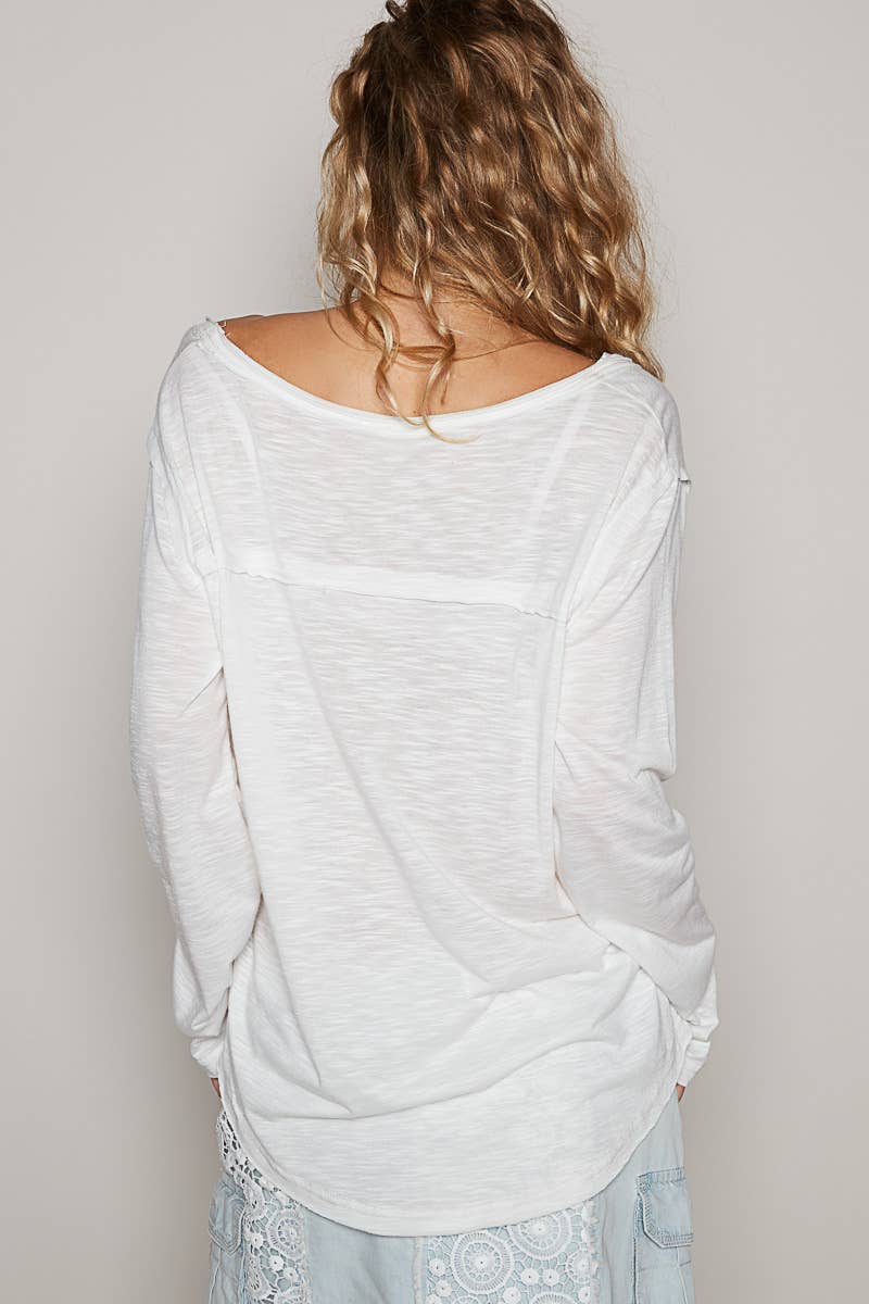 Pocket front long sleeve boat neck slub knit tee SALE