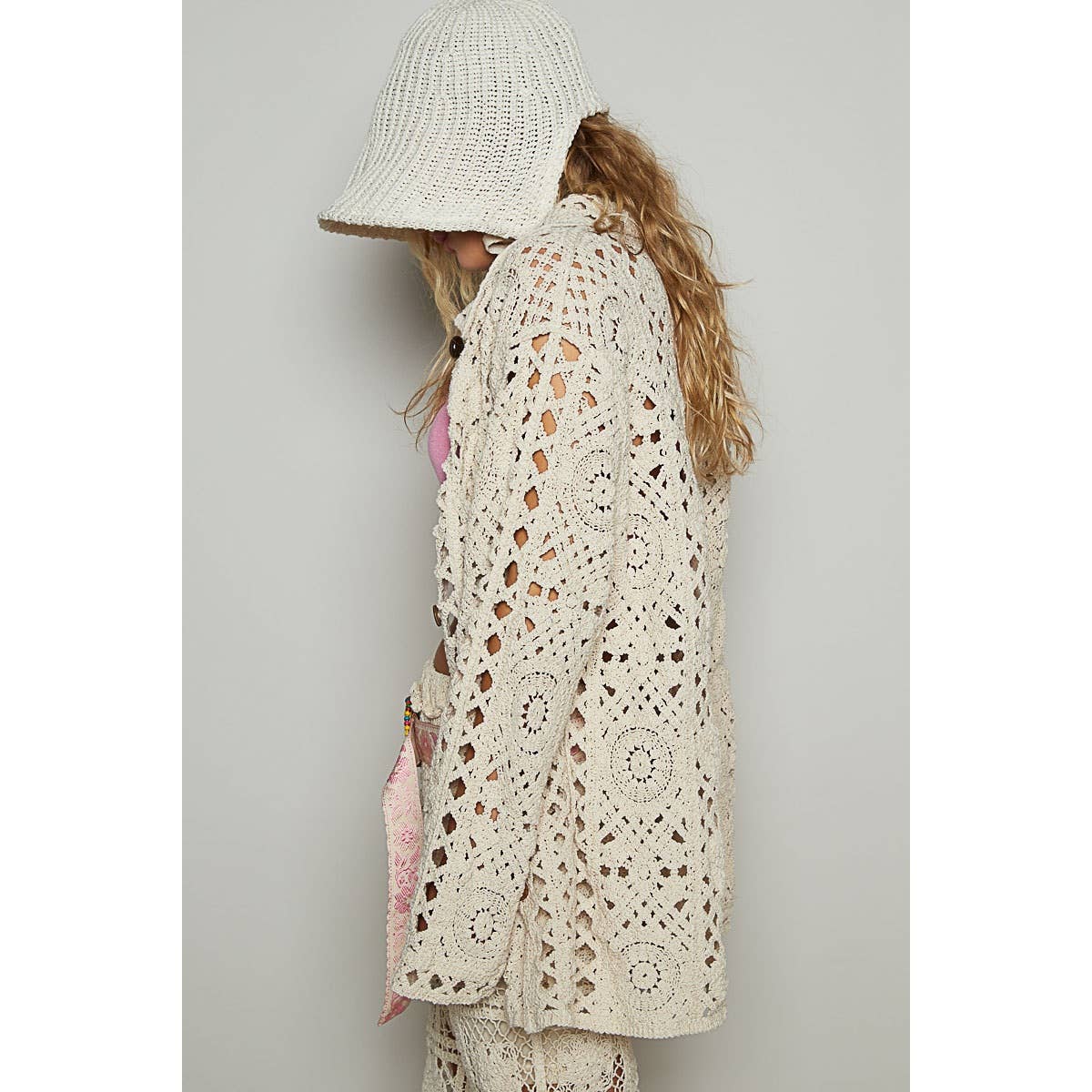 POL Oversize solid crochet button down shirt