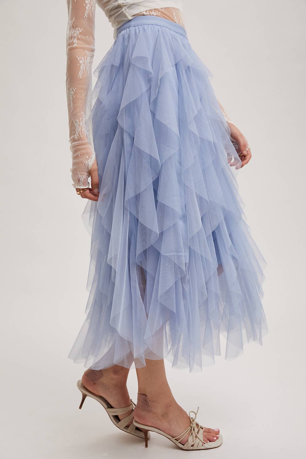 BluIvy SPIRIAL RUFFLED TULLE MIDI SKIRT