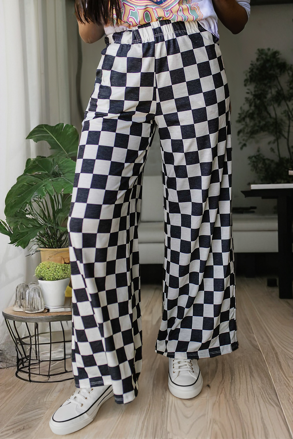 PINK/WHT Checked Print Wide Leg Pants