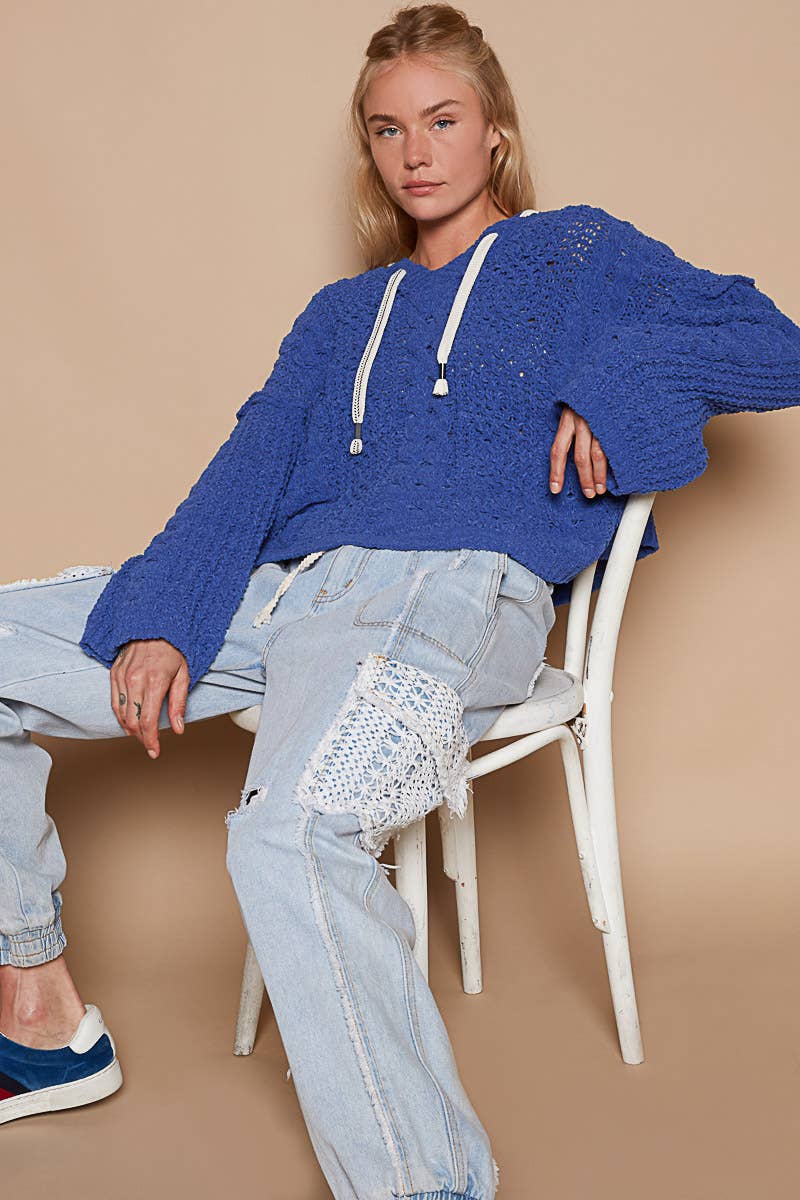 Oversize fit v-neck hooded cable knit chenille sweater