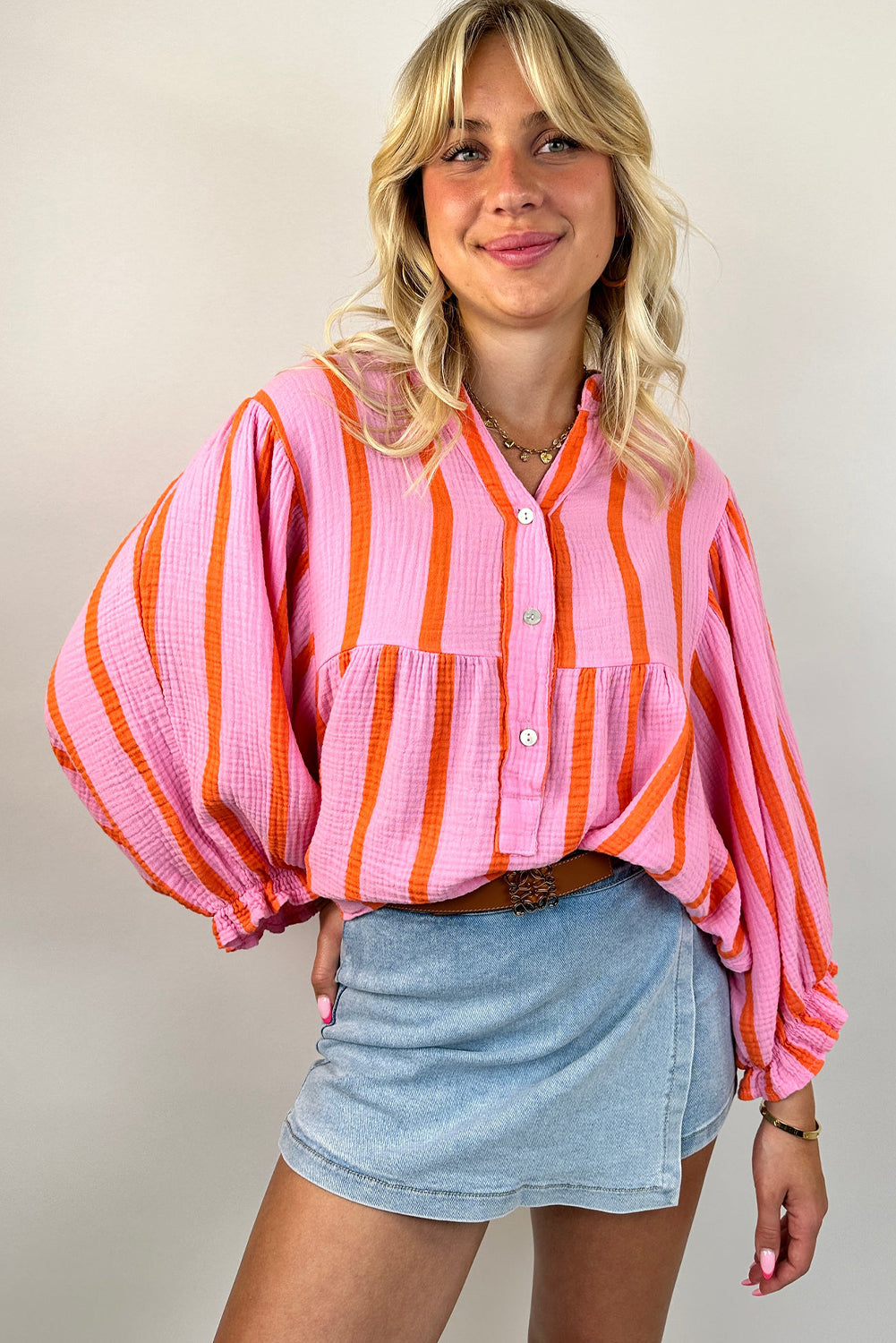 Sky Blue Stripe Crinkled Ruffled Sleeve Button Up Loose Shirt