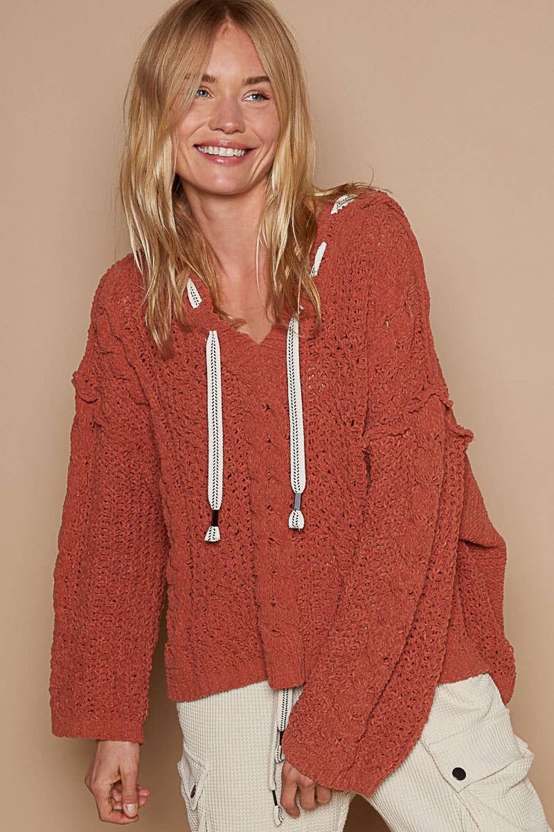 Oversize fit v-neck hooded cable knit chenille sweater
