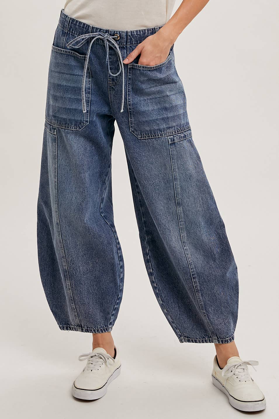 Bluivy DENIM MID-WAIST DRAWSTRINGS BARREL JEANS