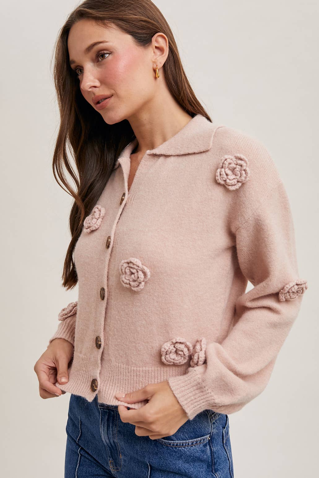 BLUIVY FLORAL EMBROIDERY BUTTON DOWN COLLAR KNIT CARDIGAN