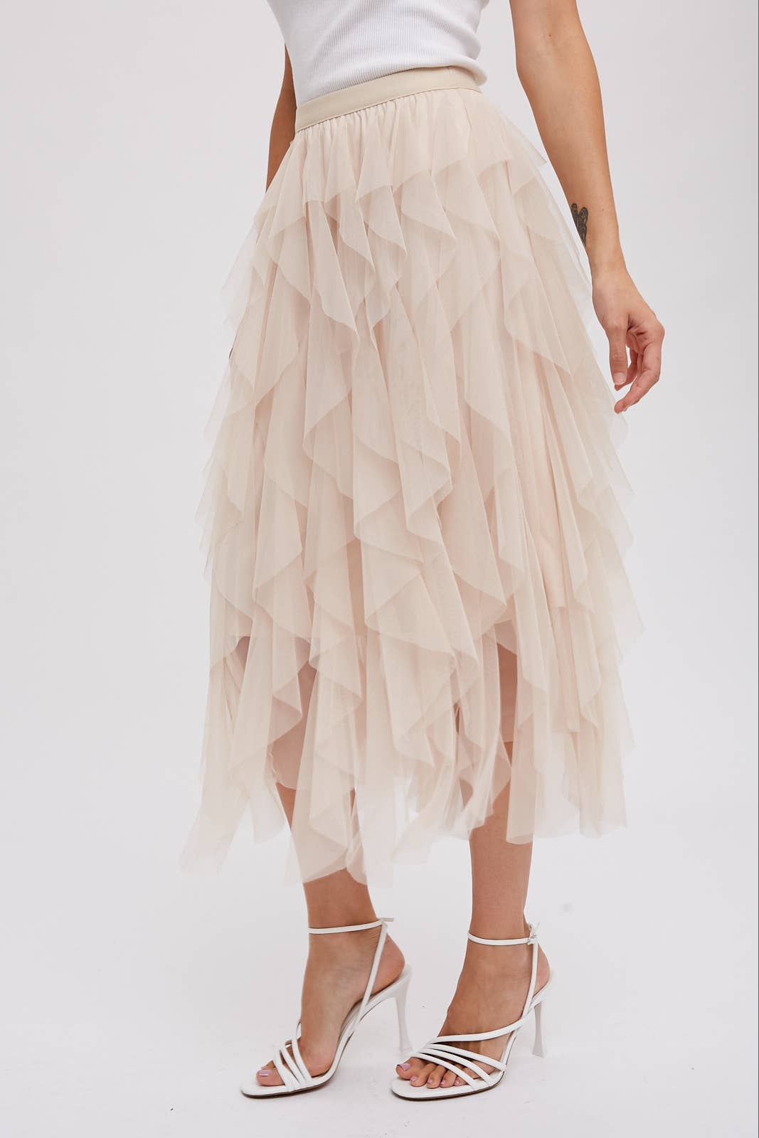 BluIvy SPIRIAL RUFFLED TULLE MIDI SKIRT
