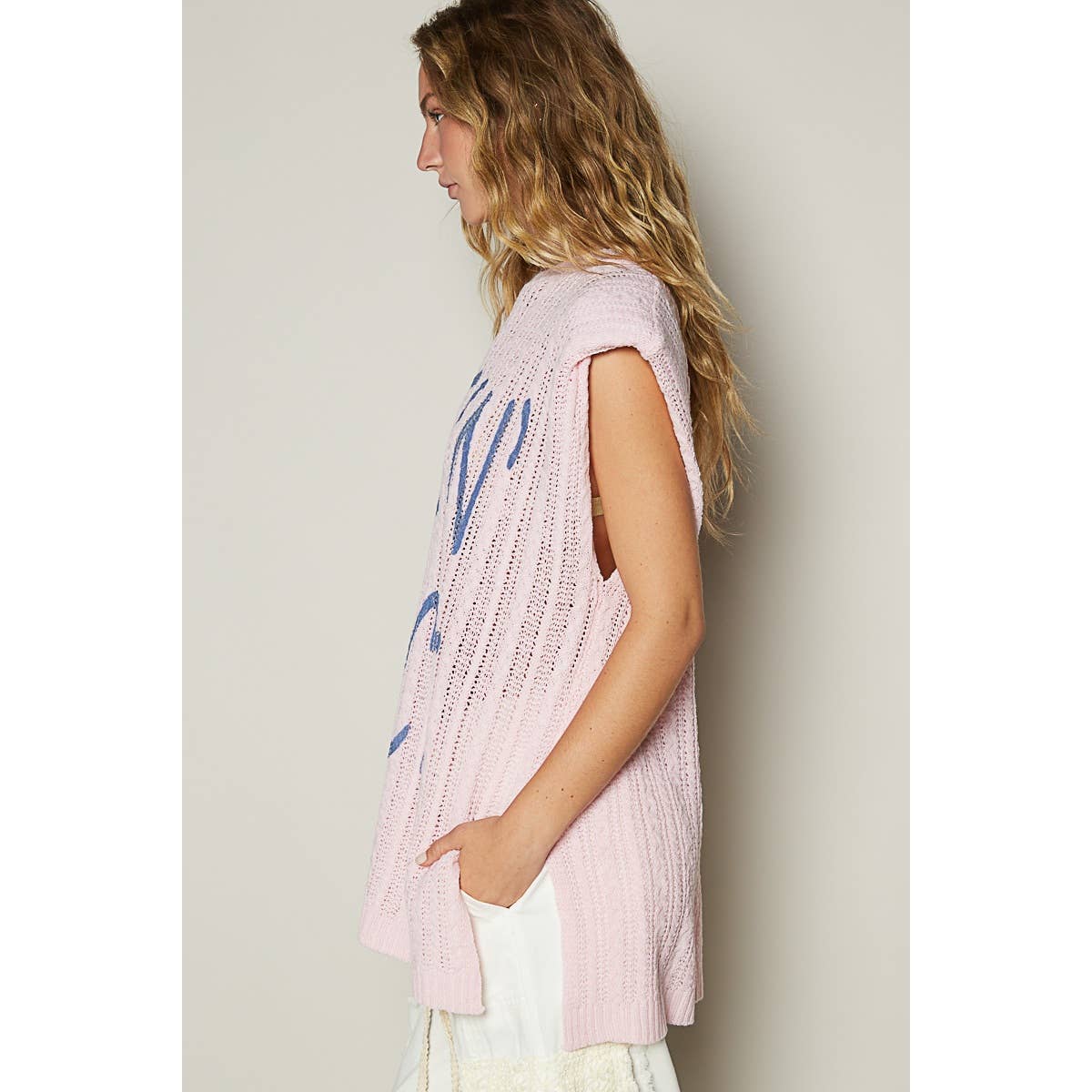 Graphic lettering round sleeveless top
