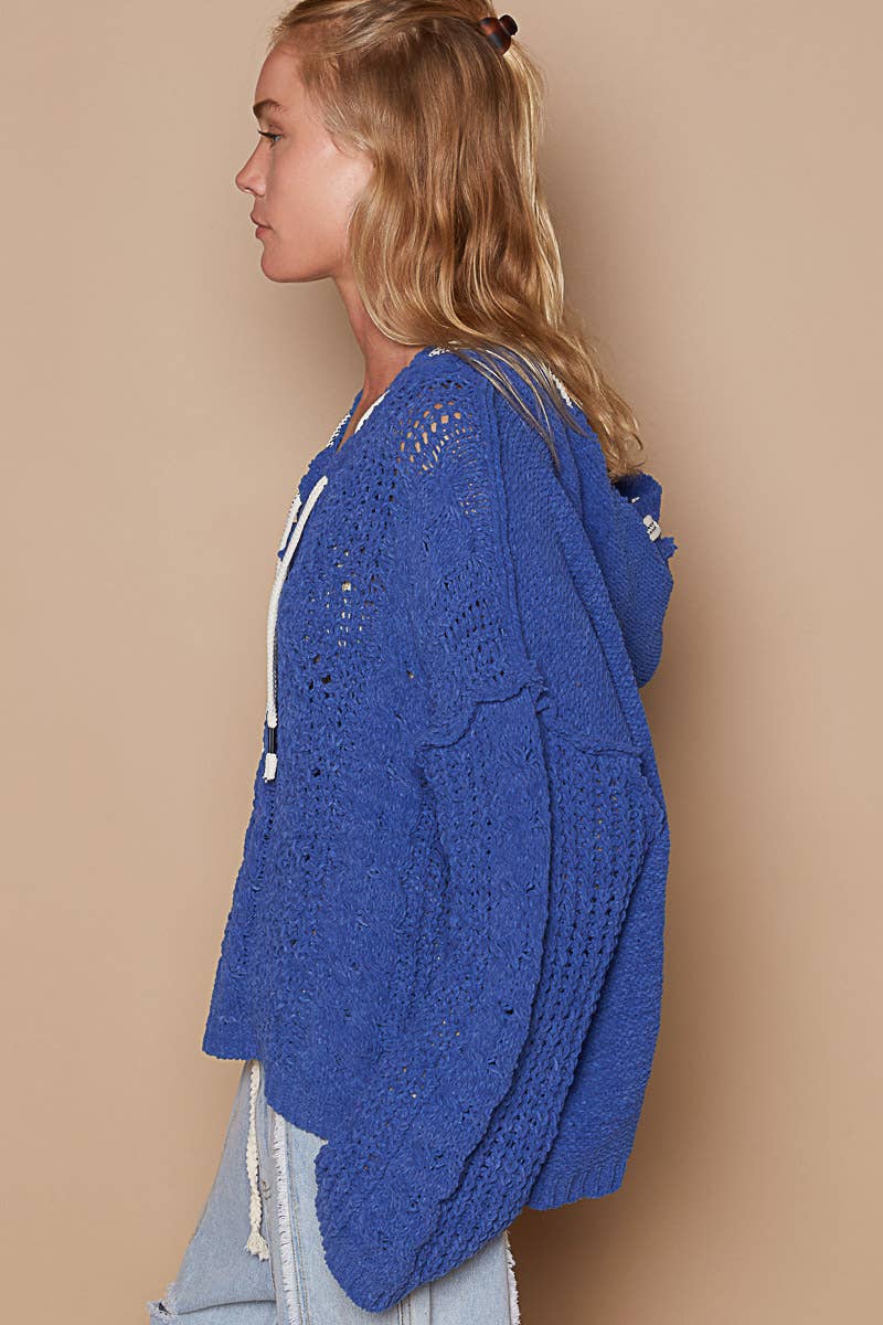 Oversize fit v-neck hooded cable knit chenille sweater