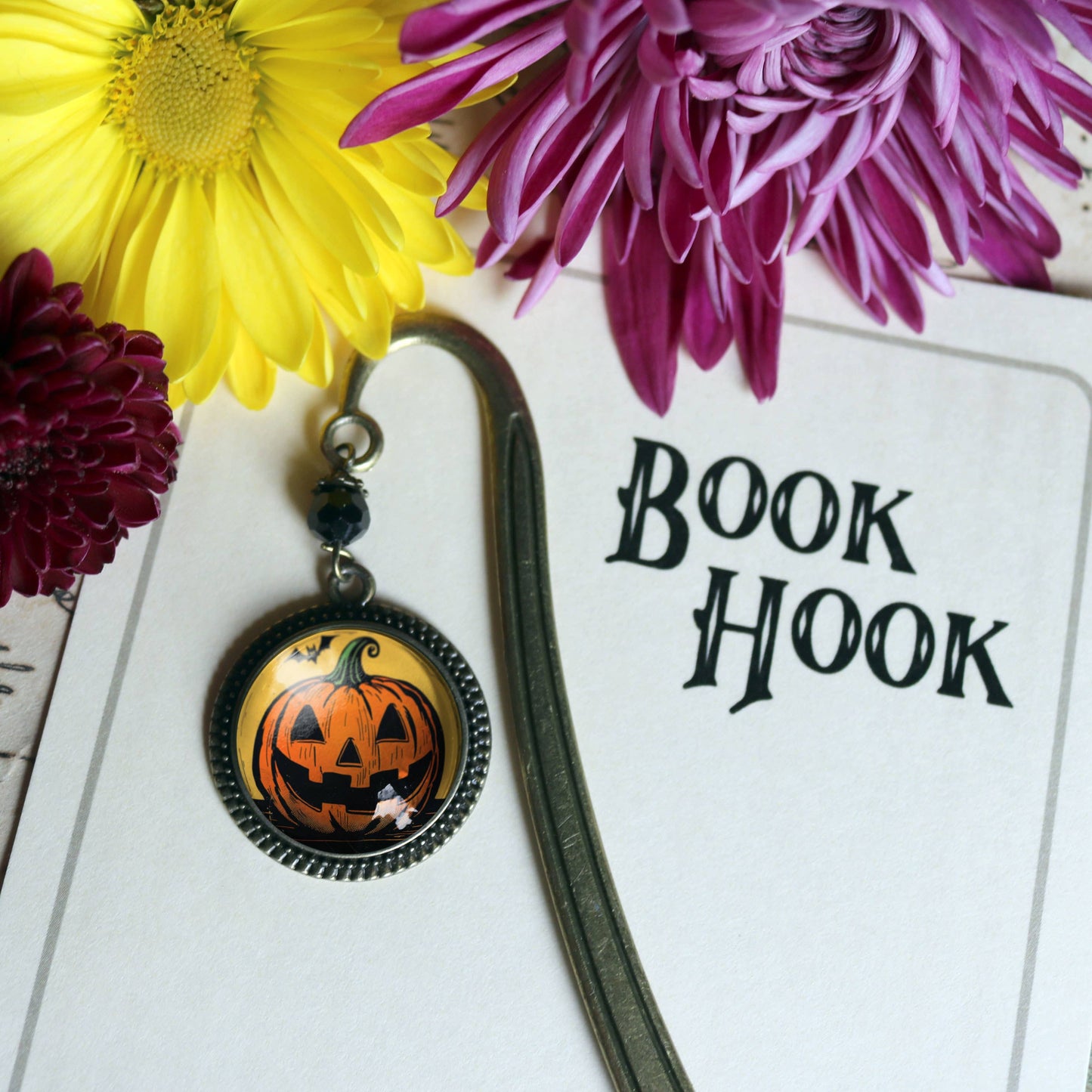 Retro Jack O Lantern with Bat Bronze Halloween Bookmark