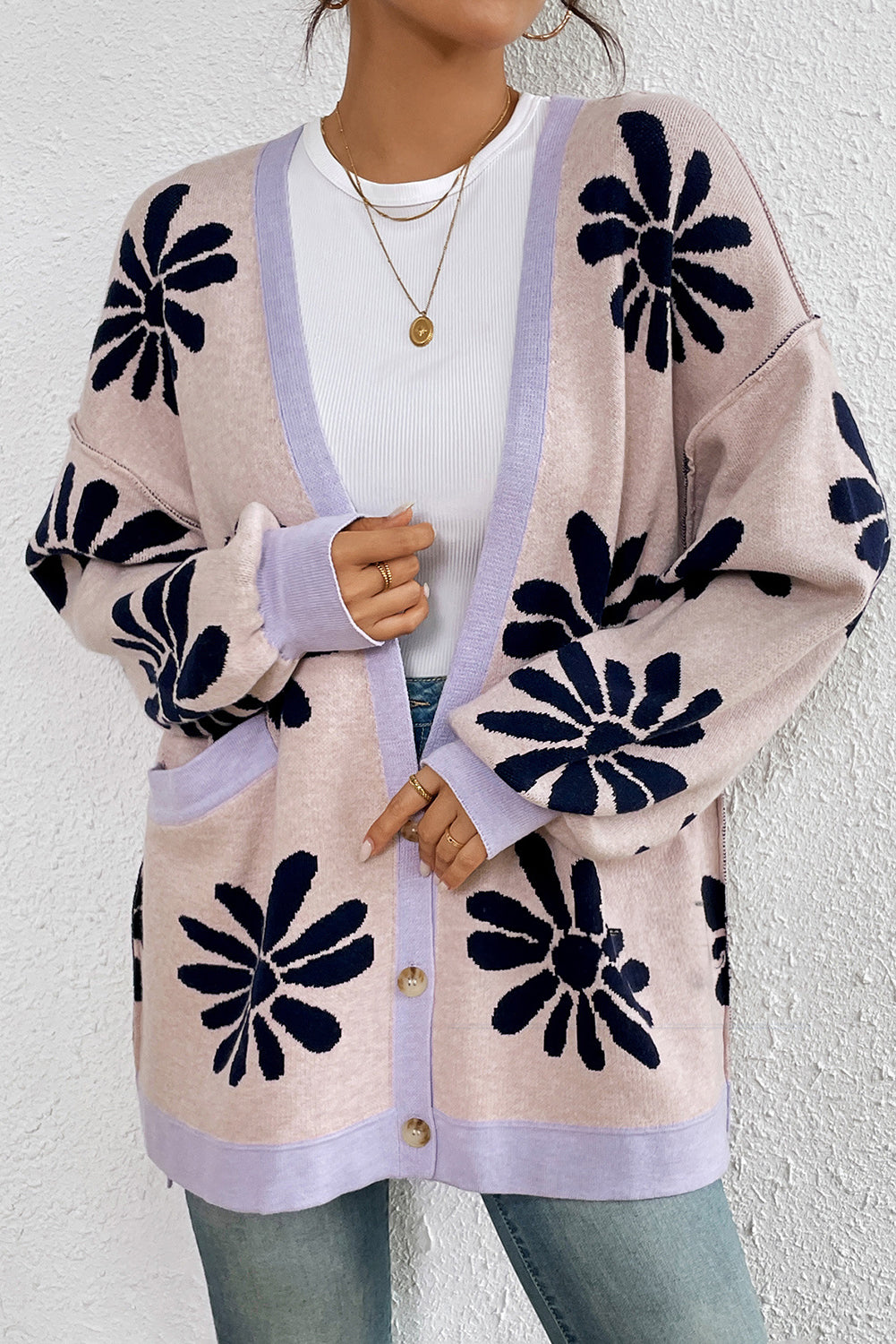 Pink Floral Print V-neck Side Pockets Knit Cardigan