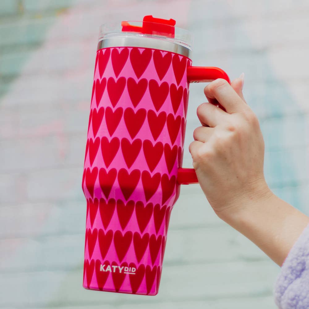 Girly Red Hearts Pattern Tumbler with Handle and Straw