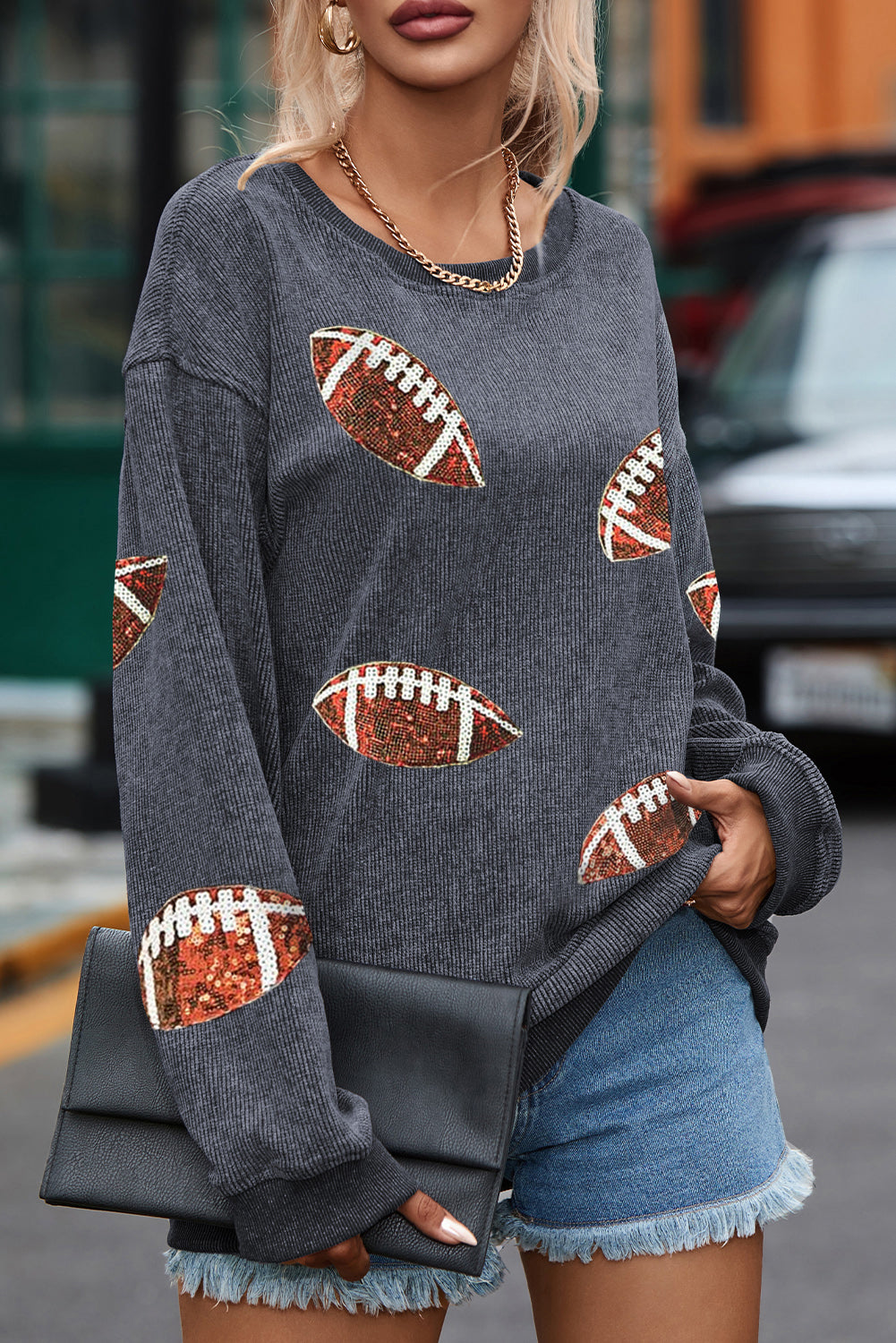 Gray Sequin Rugby Football Graphic Corded Baggy Sweatshirt