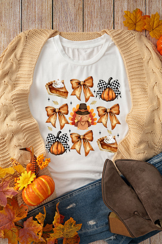 White Bowknot Turkey Graphic Crewneck T Shirt