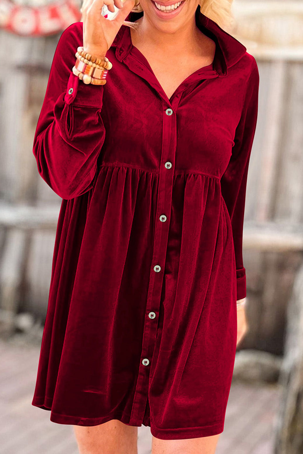 Red Long Sleeve Ruffle Velvet Button Up Shirt Dress