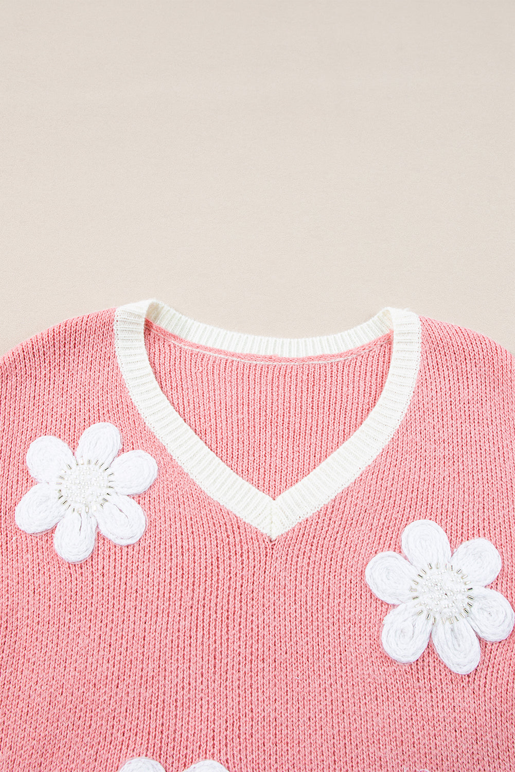 Pink Floral Patched Contrast Trim V Neck Sweater