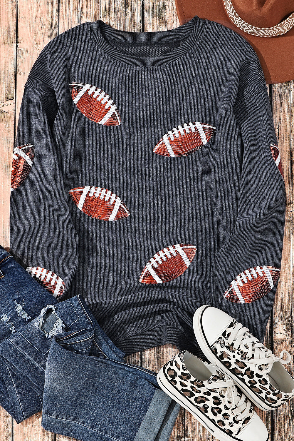 Gray Sequin Rugby Football Graphic Corded Baggy Sweatshirt